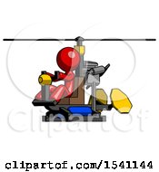 Red Design Mascot Man Flying In Gyrocopter Front Side Angle View