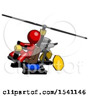 Red Design Mascot Man Flying In Gyrocopter Front Side Angle Top View