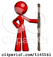 Red Design Mascot Woman Holding Staff Or Bo Staff
