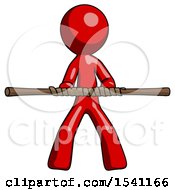 Red Design Mascot Man Bo Staff Kung Fu Defense Pose