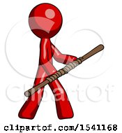 Red Design Mascot Man Holding Bo Staff In Sideways Defense Pose