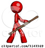Poster, Art Print Of Red Design Mascot Woman Holding Bo Staff In Sideways Defense Pose