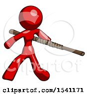 Poster, Art Print Of Red Design Mascot Woman Bo Staff Action Hero Kung Fu Pose