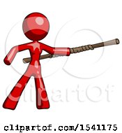 Poster, Art Print Of Red Design Mascot Woman Bo Staff Pointing Right Kung Fu Pose