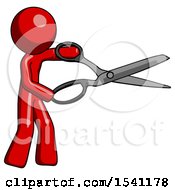 Red Design Mascot Man Holding Giant Scissors Cutting Out Something