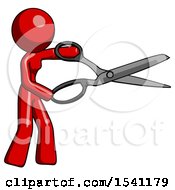 Red Design Mascot Woman Holding Giant Scissors Cutting Out Something