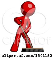 Red Design Mascot Man Cleaning Services Janitor Sweeping Floor With Push Broom
