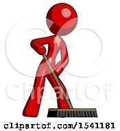 Red Design Mascot Woman Cleaning Services Janitor Sweeping Floor With Push Broom