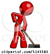 Red Design Mascot Man Cleaning Services Janitor Sweeping Side View