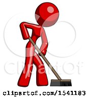 Red Design Mascot Woman Cleaning Services Janitor Sweeping Side View