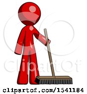Red Design Mascot Man Standing With Industrial Broom