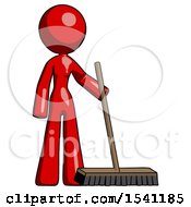 Red Design Mascot Woman Standing With Industrial Broom