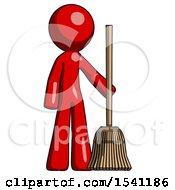 Red Design Mascot Man Standing With Broom Cleaning Services