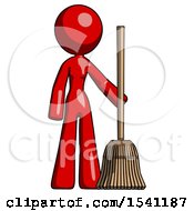 Red Design Mascot Woman Standing With Broom Cleaning Services