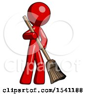 Red Design Mascot Man Sweeping Area With Broom