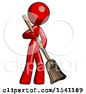 Red Design Mascot Woman Sweeping Area With Broom