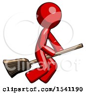 Red Design Mascot Man Flying On Broom