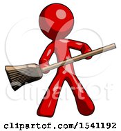 Red Design Mascot Man Broom Fighter Defense Pose