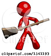Red Design Mascot Woman Broom Fighter Defense Pose