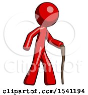 Poster, Art Print Of Red Design Mascot Man Walking With Hiking Stick