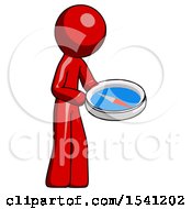 Red Design Mascot Man Looking At Large Compass Facing Right