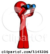 Poster, Art Print Of Red Design Mascot Man Looking Through Binoculars To The Right