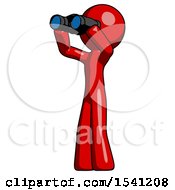 Red Design Mascot Man Looking Through Binoculars To The Left