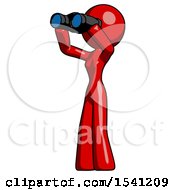Red Design Mascot Woman Looking Through Binoculars To The Left