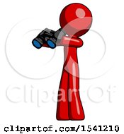 Red Design Mascot Man Holding Binoculars Ready To Look Left