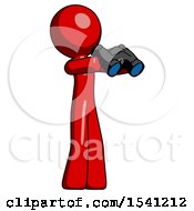 Red Design Mascot Man Holding Binoculars Ready To Look Right