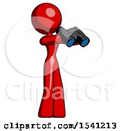 Red Design Mascot Woman Holding Binoculars Ready To Look Right