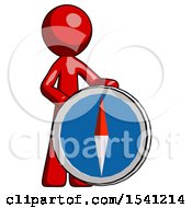 Poster, Art Print Of Red Design Mascot Man Standing Beside Large Compass
