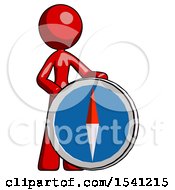 Poster, Art Print Of Red Design Mascot Woman Standing Beside Large Compass