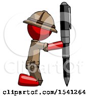 Red Explorer Ranger Man Posing With Giant Pen In Powerful Yet Awkward Manner