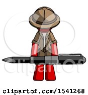 Poster, Art Print Of Red Explorer Ranger Man Weightlifting A Giant Pen