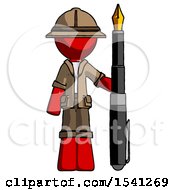 Red Explorer Ranger Man Holding Giant Calligraphy Pen