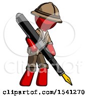 Poster, Art Print Of Red Explorer Ranger Man Drawing Or Writing With Large Calligraphy Pen