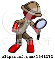 Poster, Art Print Of Red Explorer Ranger Man Inspecting With Large Magnifying Glass Right