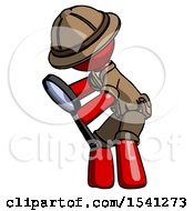 Poster, Art Print Of Red Explorer Ranger Man Inspecting With Large Magnifying Glass Left