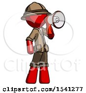 Poster, Art Print Of Red Explorer Ranger Man Shouting Into Megaphone Bullhorn Facing Right