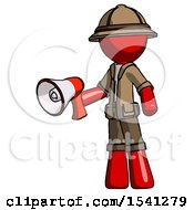 Poster, Art Print Of Red Explorer Ranger Man Holding Megaphone Bullhorn Facing Right