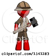 Poster, Art Print Of Red Explorer Ranger Man With Sledgehammer Standing Ready To Work Or Defend