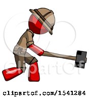 Poster, Art Print Of Red Explorer Ranger Man Hitting With Sledgehammer Or Smashing Something