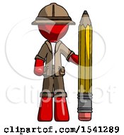 Poster, Art Print Of Red Explorer Ranger Man With Large Pencil Standing Ready To Write