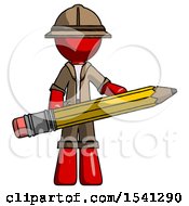 Poster, Art Print Of Red Explorer Ranger Man Writer Or Blogger Holding Large Pencil