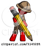 Poster, Art Print Of Red Explorer Ranger Man Writing With Large Pencil