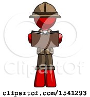 Poster, Art Print Of Red Explorer Ranger Man Reading Book While Standing Up Facing Viewer