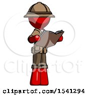 Poster, Art Print Of Red Explorer Ranger Man Reading Book While Standing Up Facing Away