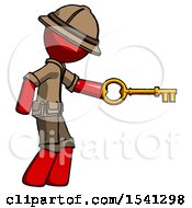 Red Explorer Ranger Man With Big Key Of Gold Opening Something