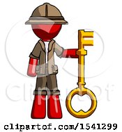 Poster, Art Print Of Red Explorer Ranger Man Holding Key Made Of Gold